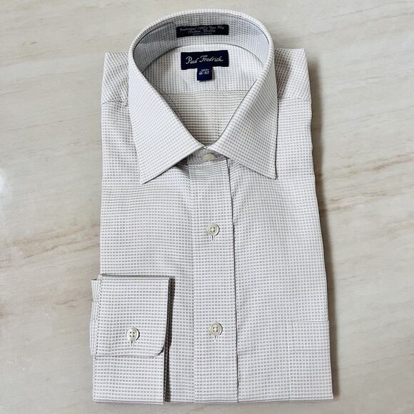Paul Fredrick Dress Shirt 16-32 Tan Plaid Imperial 100’s 2 Ply Cotton Dobby - Picture 2 of 5